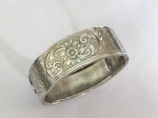 Antique Vintage Silver Engraved Bangle Bracelet Width 3/4” Fits Small Wrist