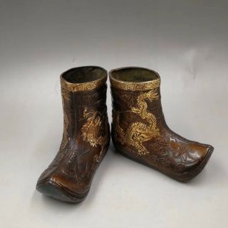 Chinese Old China Copper Hand - Made Gold - Plated Shoes Home Decoration Statues