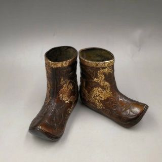 Chinese Old China copper hand - made gold - plated shoes Home decoration statues 2