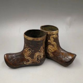 Chinese Old China copper hand - made gold - plated shoes Home decoration statues 3