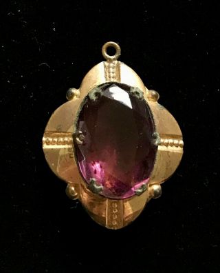 Antique Or Vintage Gold Tone Purple Stone Locket Pendant 1 3/4 " M004