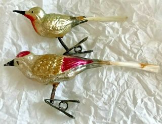 Antique Vintage 2 Pretty Song Birds On Clips Glass German Christmas Ornaments