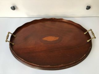 Vintage C.  1940s Large Oval Inlaid Wood Tray With Brass Handles - 54cm X 40cm