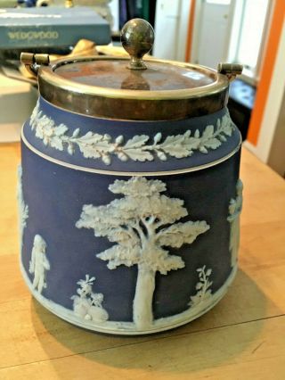 Wedgwood Jasperware Antique Rare Dark Blue Dip Biscuit Barrel Pre 1890