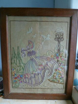 PRETTY VINTAGE HAND EMBROIDERED CRINOLINE LADY FLORAL oak framed PICTURE 1930s 2