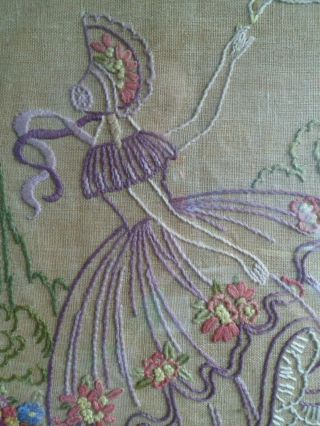 PRETTY VINTAGE HAND EMBROIDERED CRINOLINE LADY FLORAL oak framed PICTURE 1930s 3