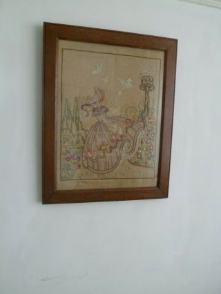 PRETTY VINTAGE HAND EMBROIDERED CRINOLINE LADY FLORAL oak framed PICTURE 1930s 6