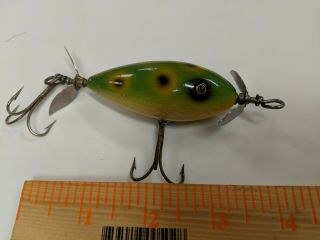 Vintage Old Wooden Fishing Lure South Bend Surf Oreno Green Frog Musky Bass Bait 3