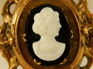 Antique Ornate Black White Glass Cameo Pin Brooch Gold Tone Safety Clasp Large