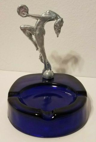 Frankart Art Deco Style Cobalt Glass Ashtray With Figural Nymph Dancer