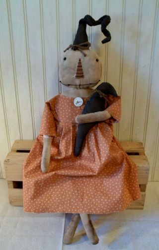 Primitive Grungy Curly Stem White Pumpkin Lady Halloween Doll & Her Black Crow