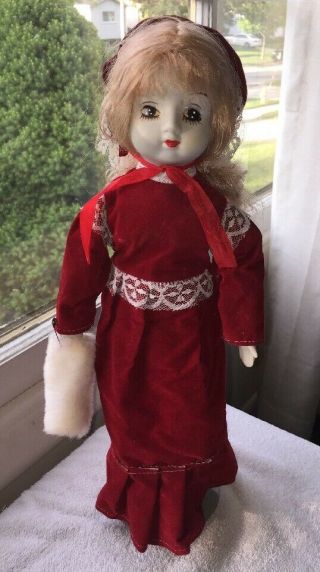 Vintage - Victorian Girl - Porcelain Doll - Red Velvet Dress/ Hat/ Faux Fur Muff