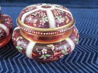 (2) Antique Cranberry Glass Hand Painted Powder Jars Czech / Bohemian 3