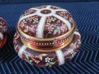(2) Antique Cranberry Glass Hand Painted Powder Jars Czech / Bohemian 4