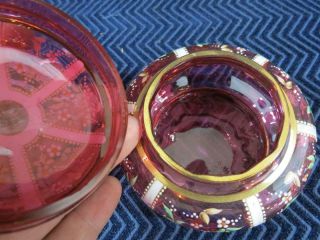 (2) Antique Cranberry Glass Hand Painted Powder Jars Czech / Bohemian 5