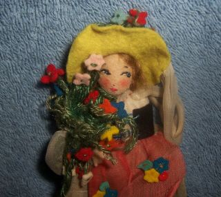 Antique Vintage 5.  5 " Cloth Felt Doll House Italy? Sweet Girl W/ Flower Bouquet