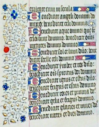 Large Medieval Illuminated BoH Manuscript Lf.  Benedicite omnia opera hymn,  c.  1450 2