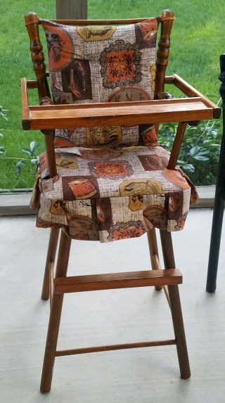 Vintage Cass Toys Wooden Doll High Chair Antique Toy Fabric Cushion Made In Usa