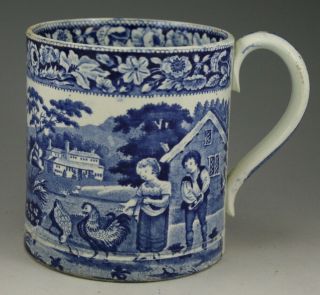 Antique Pottery Pearlware Blue Transfer Riley Feeding Chickens 4.  5 " Mug 1825