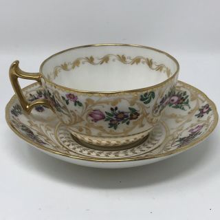 Antique Royal Doulton Tiffany Hand Painted Gold Floral Scrollwork Cup Saucer