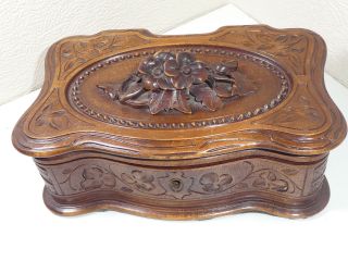 Antique Black Forest Carved Edelweiss Floral Jewelry Trinket Box
