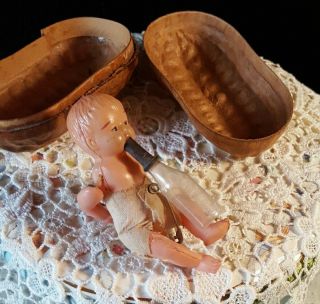 Antique Mache Peanut " Cradle " W Tiny Celluloid Baby Doll,  Glass Bottle - Austria