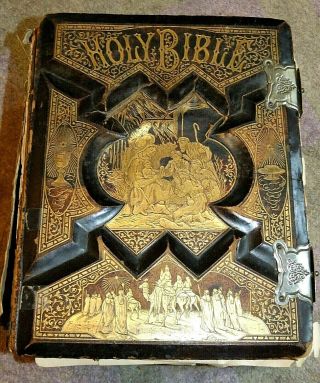 Large Antique 1890 Holy Bible,  Leather With Metal Clasps,  Pronouncing Ed,  16 Lbs
