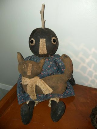 Primitive Pumpkin Doll With Her Black Cat - Fall/autumn - Handcrafted - Country