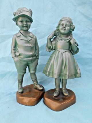 Vintage Cast Metal Boy & Girl Alpine Figures 7 " Tall