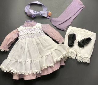 Vintage Doll Dress Clothes Purple White Pinafore Shoes Outfit For 18” Dolls