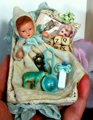 Tiny 3 " Antique German Composition Miniature Baby Doll In Keepsake Box