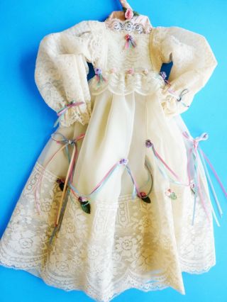 Doll Dress W/ Bonnet For Antique German French Doll Cream Roses Lace 18 " - 20 "