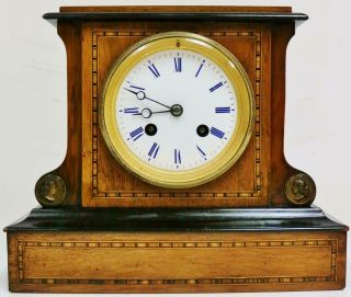 Small Antique French Mantel Clock 8 Day Inlaid Walnut & Ebonised Bell Striking