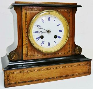 Small Antique French Mantel Clock 8 Day Inlaid Walnut & Ebonised Bell Striking 2