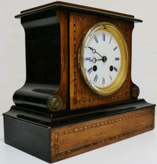 Small Antique French Mantel Clock 8 Day Inlaid Walnut & Ebonised Bell Striking 3