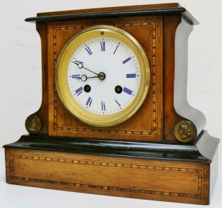 Small Antique French Mantel Clock 8 Day Inlaid Walnut & Ebonised Bell Striking 4