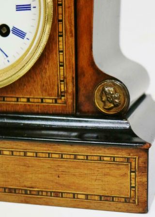 Small Antique French Mantel Clock 8 Day Inlaid Walnut & Ebonised Bell Striking 5