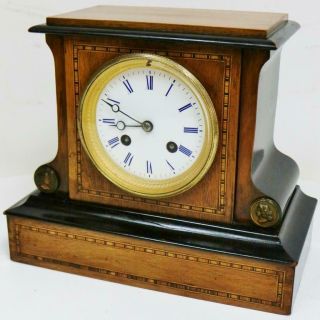 Small Antique French Mantel Clock 8 Day Inlaid Walnut & Ebonised Bell Striking 6