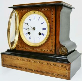 Small Antique French Mantel Clock 8 Day Inlaid Walnut & Ebonised Bell Striking 8