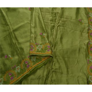 Sanskriti Vintage Green Saree Pure Satin Silk Hand Embroidered Craft Fabric Sari