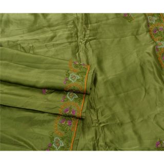 Sanskriti Vintage Green Saree Pure Satin Silk Hand Embroidered Craft Fabric Sari 2