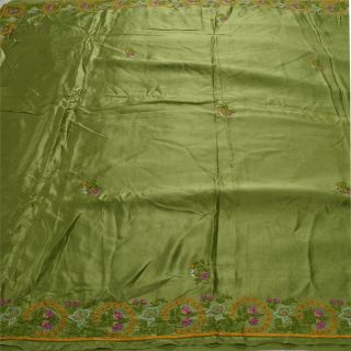 Sanskriti Vintage Green Saree Pure Satin Silk Hand Embroidered Craft Fabric Sari 3