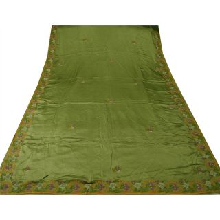 Sanskriti Vintage Green Saree Pure Satin Silk Hand Embroidered Craft Fabric Sari 4