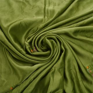 Sanskriti Vintage Green Saree Pure Satin Silk Hand Embroidered Craft Fabric Sari 5