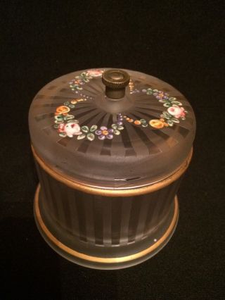 Antique Bohemian Moser Stripe Satin Glass W Enamel Flower Powder Or Trinket Box