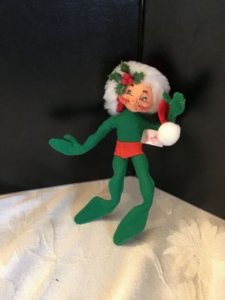 Vintage Rare 1999 Annalee 5” Green Christmas Elf W/ Santa Hat & Holy