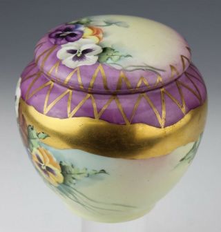 Antique Signed Gda Limoges France Handpainted Violet Floral Porcelain Lidded Jar