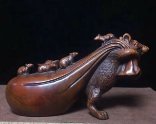 Collectable Boxwood Handwork Carve Mice Carry Fortune Ingot Bag Noble Old Statue