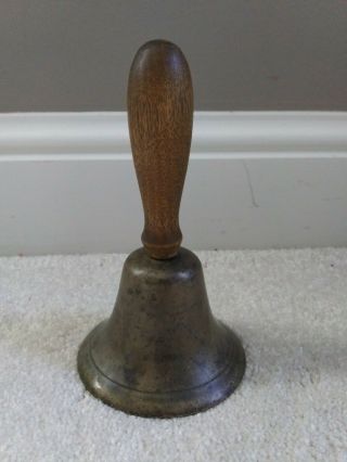 Antique Brass Teacher School Bell W/wooden Handle Great Patina,  6.  5 Inches Tall