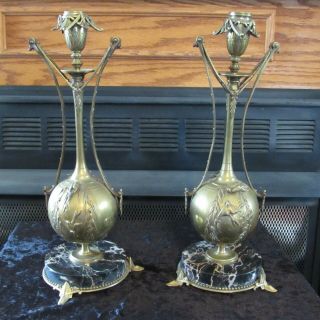 Antique French Bronze Marble Base Footed Candle Holders With Birds